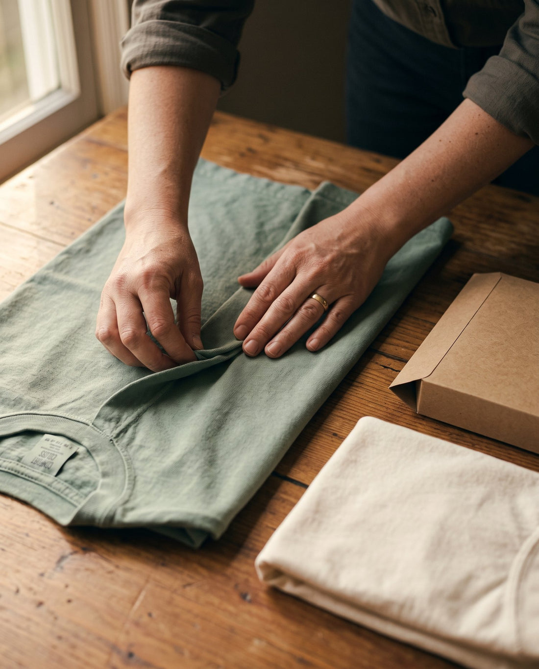 Hands carefully folding a sage green Prayer Moms cotton tee beside a kraft mailer, ready to ship