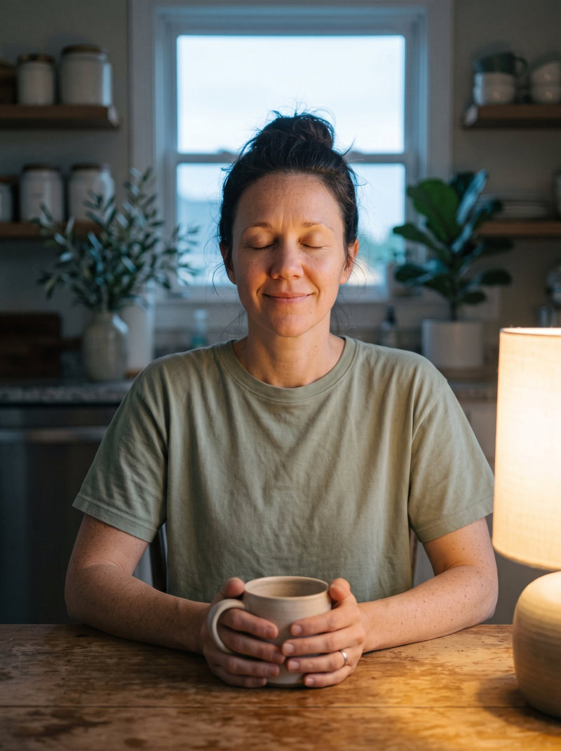 A mother prays quietly at her kitchen table at dawn, hands around a mug, wearing a sage Prayer Moms tee