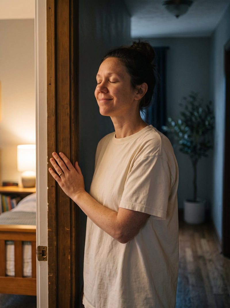 A mother stands in her child's doorway at night praying over them, wearing a cream Prayer Moms tee
